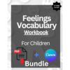“10‑page children’s feelings vocabulary workbook shown as Canva‑editable worksheets with kid‑friendly emotional vocabulary, charts, and activities designed for social‑emotional learning.